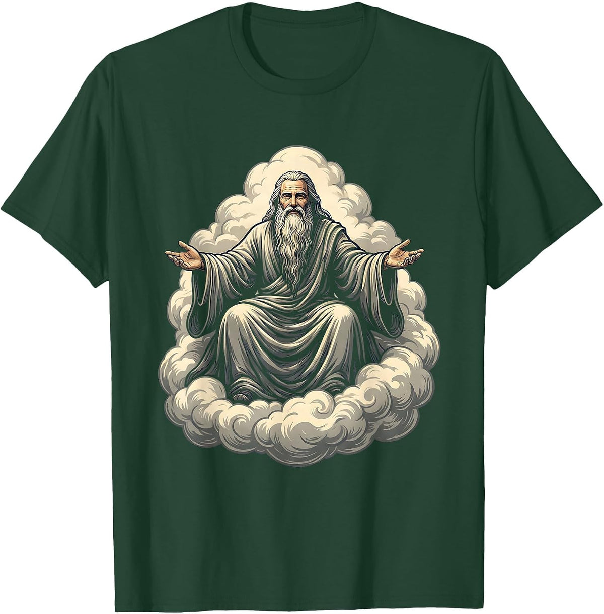 Men's Bearded Elder on Clouds Celestial Art Design T-Shirt - Dark Green