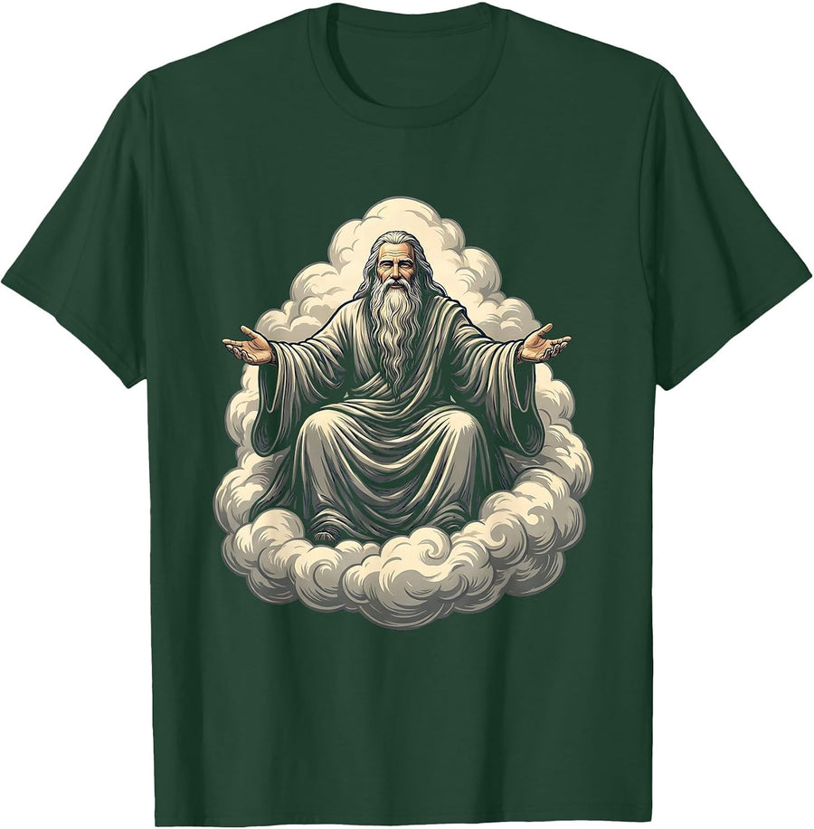 Men's Bearded Elder on Clouds Celestial Art Design T-Shirt - Dark Green