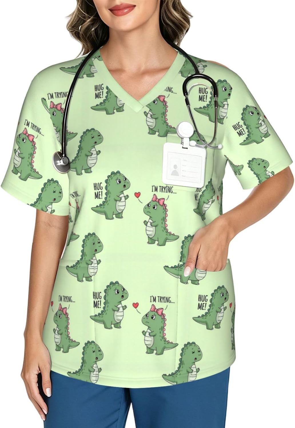 Supdreamc Women's Scrub Top Flexible V Neck Short Sleeve Nursing Uniform - Pattern (782)