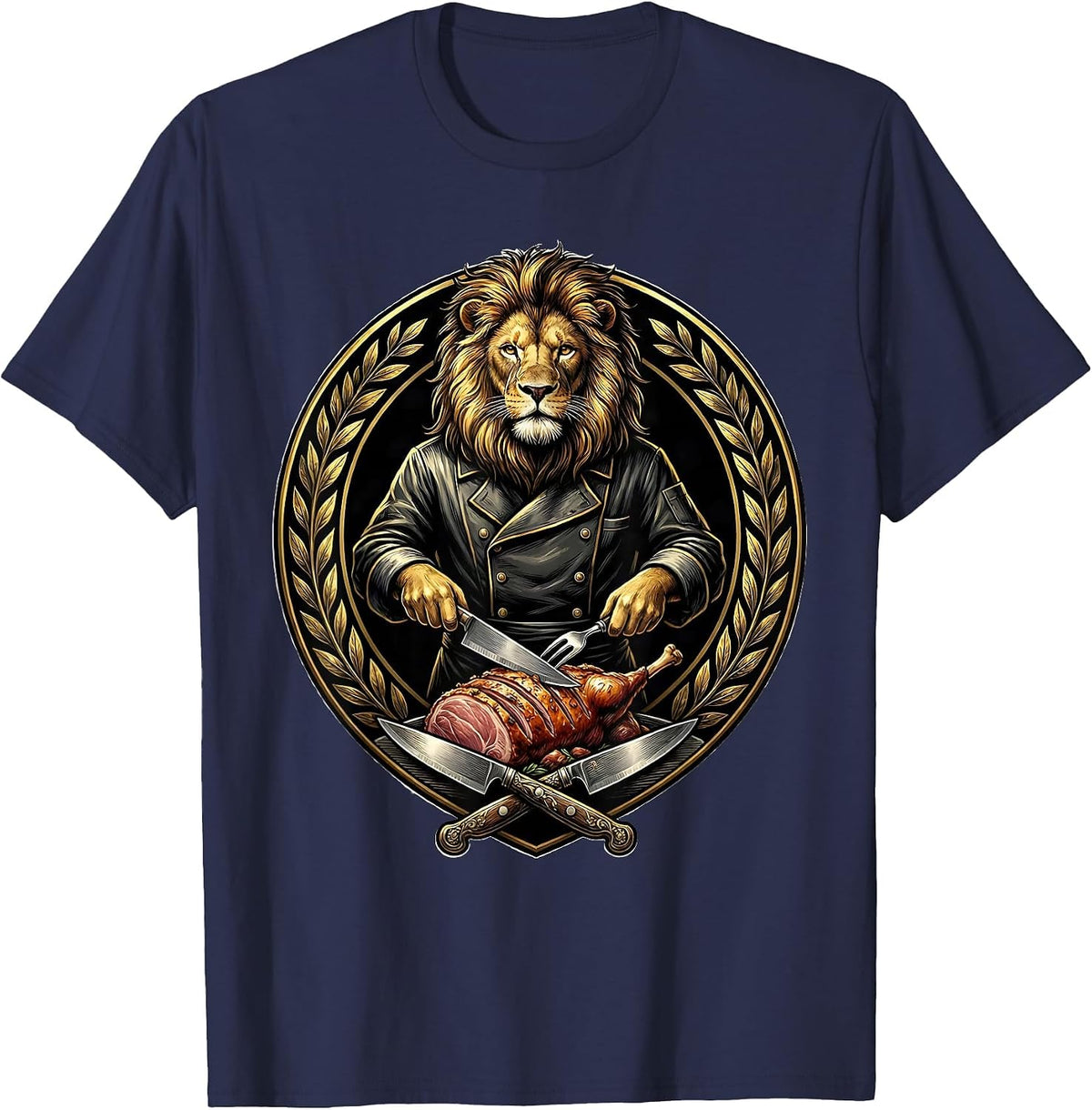Lion Chef Carving Roast Culinary Art Design T-Shirt - Navy Blue