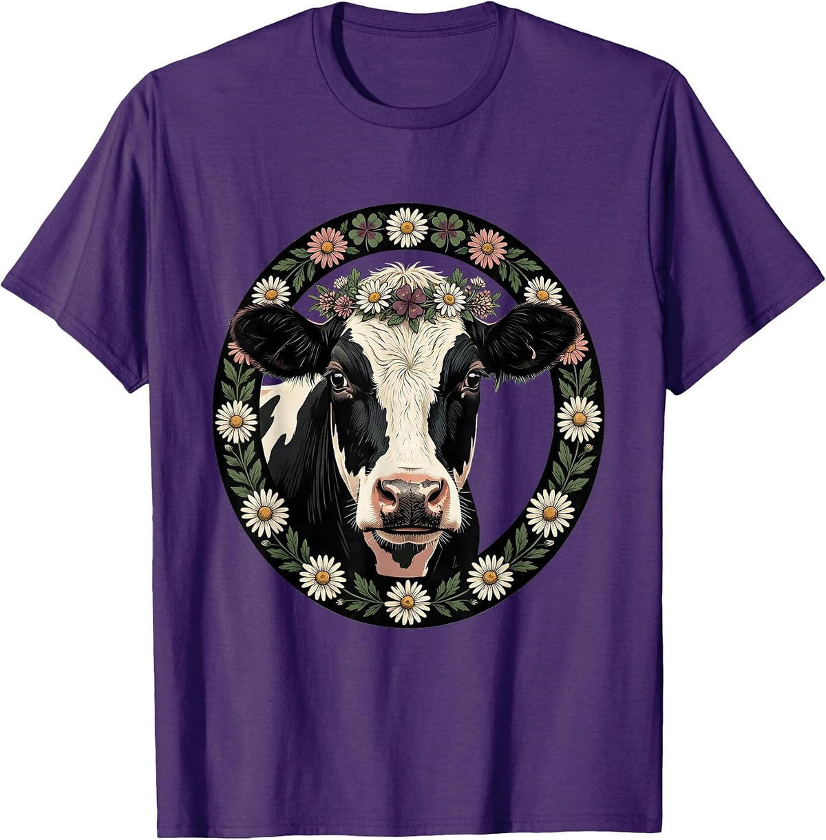 Cute Cow Face Flower Crown Graphic T-Shirt - Purple