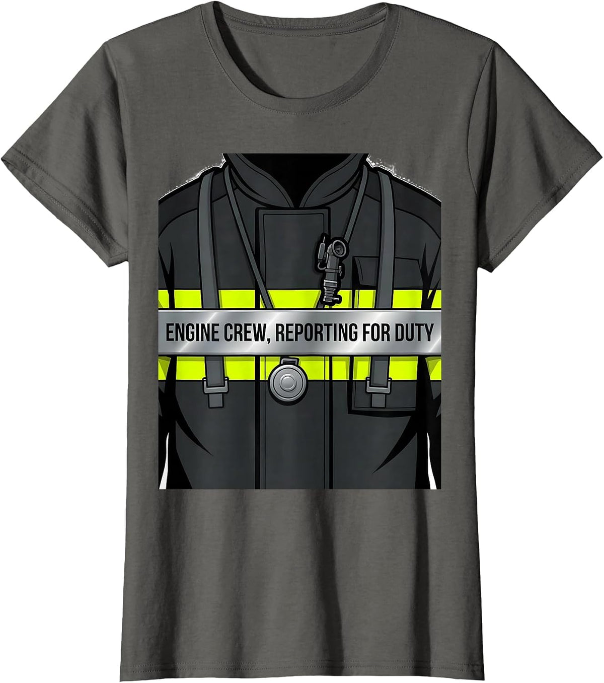 Women's ENGINE CREW, REPORTING FOR DUTY Funny Firefighter Badge T-Shirt - Asphalt Grey