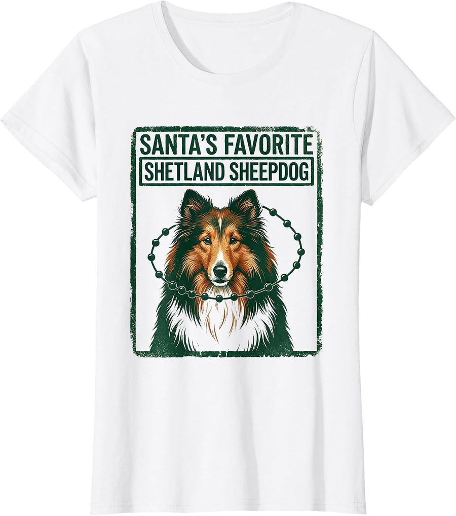 Women's Santa's Favorite Shetland Sheepdog Rubber Stamp Breed Lover T-Shirt - White