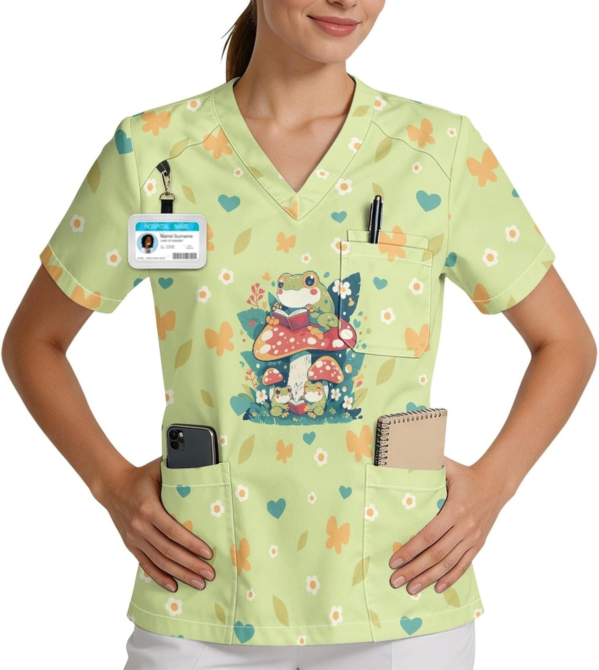 V-Neck Printed Soft Scrub Tops with 3 Pocket for Women, Size S-5XL - Frog Mushroom