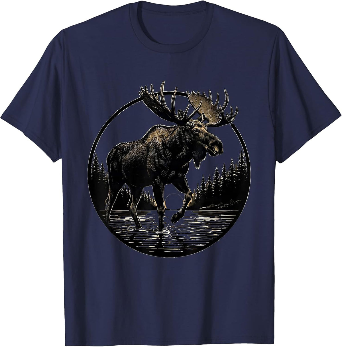 Moose Wading Through a Misty Morning River T-Shirt - Navy Blue