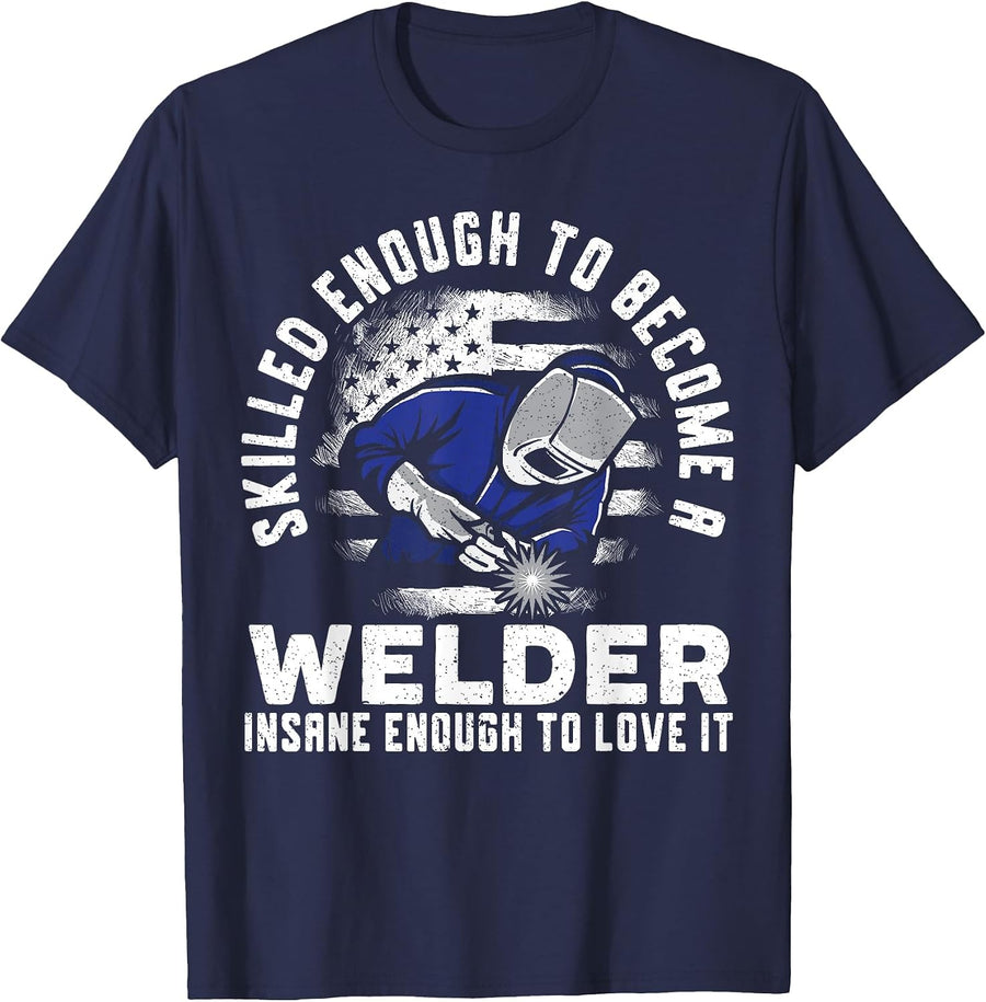 American Flag Welder Patriotic Distressed T-Shirt - Navy Blue
