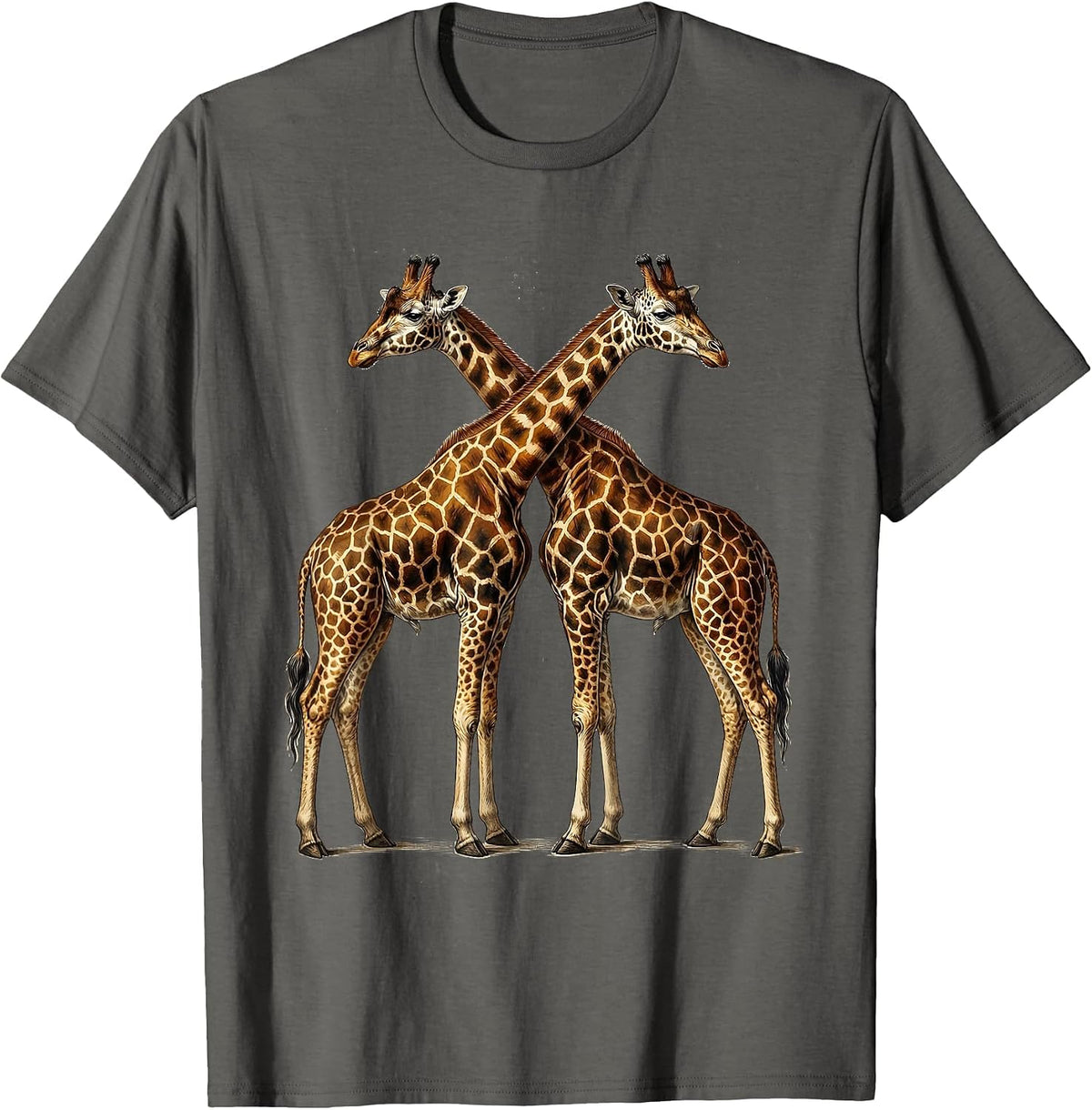 Two Giraffes Heart Neck Cross Love Wildlife Art T-Shirt - Asphalt Grey