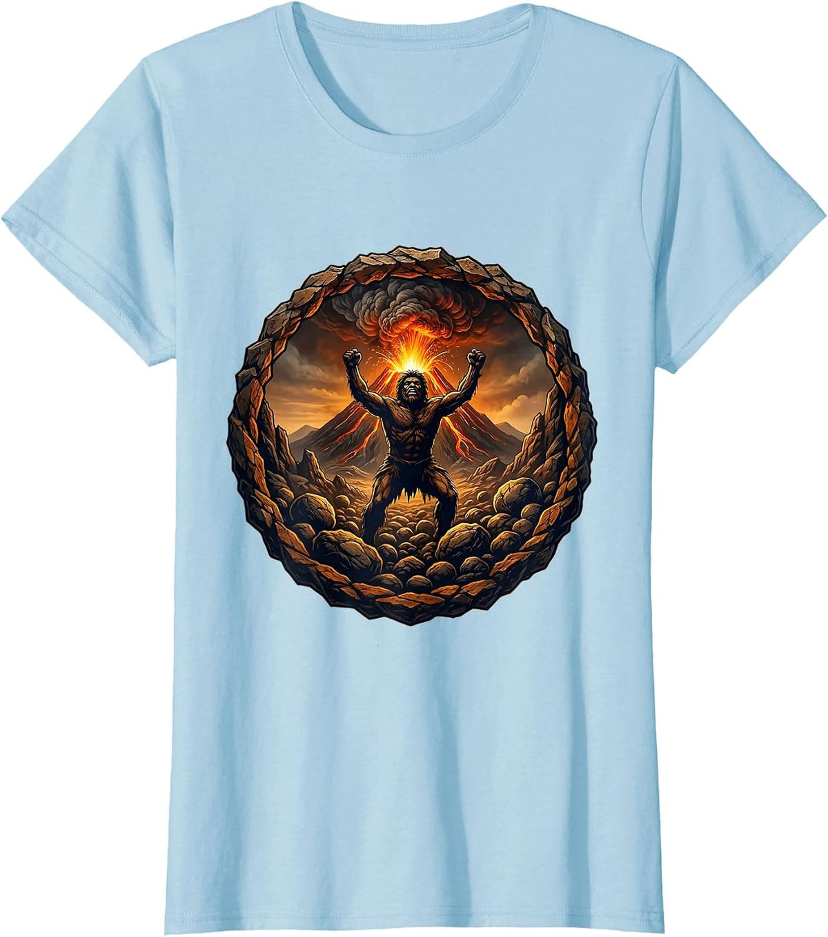 Cave Person Silhouette Volcanic Eruption Design T-Shirt - Baby Blue