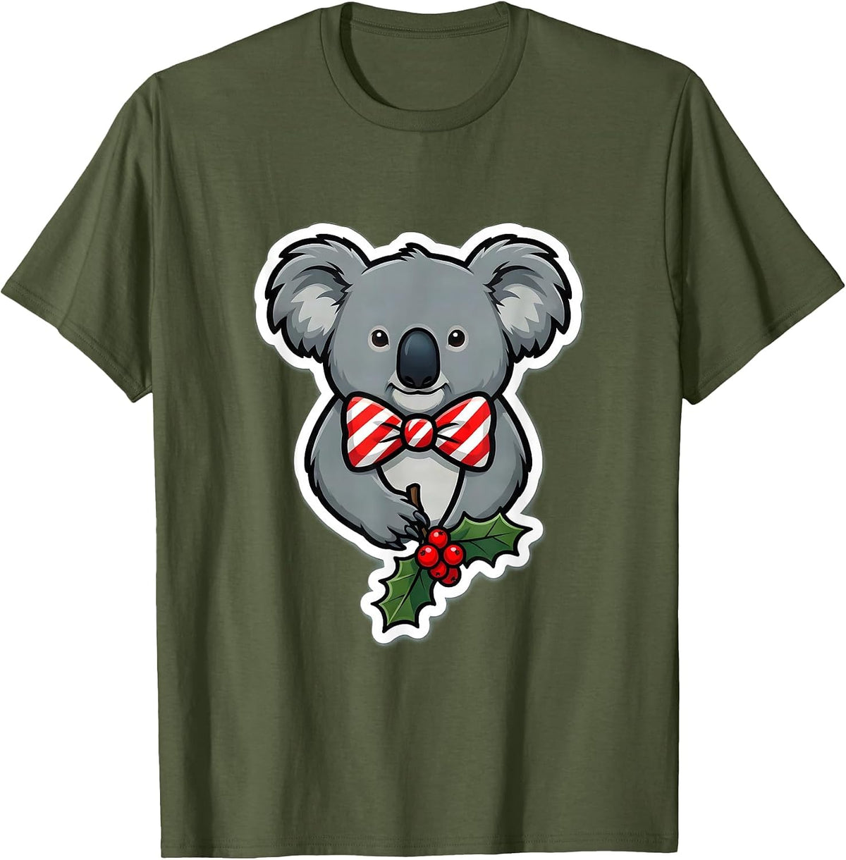 Rounded Koala Christmas Bow Tie Holiday Animal Lover Gift T-Shirt - Olive Green