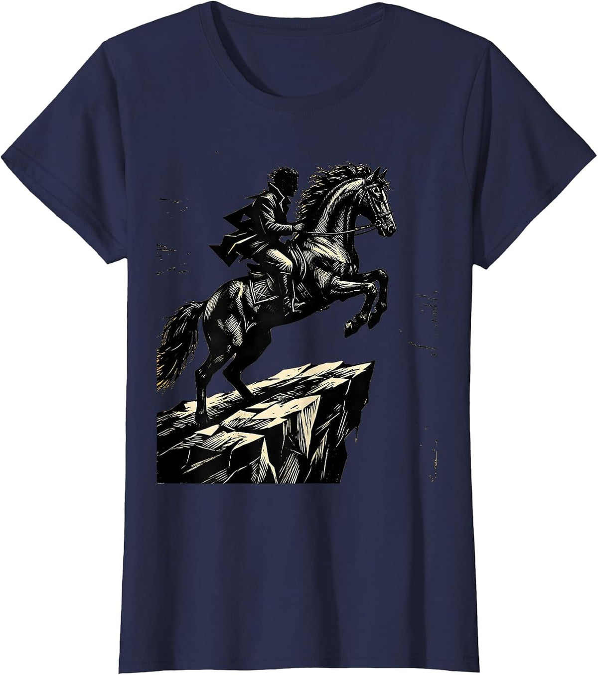 Women's Horse and Rider Silhouette Cliff Edge Design T-Shirt - Navy Blue