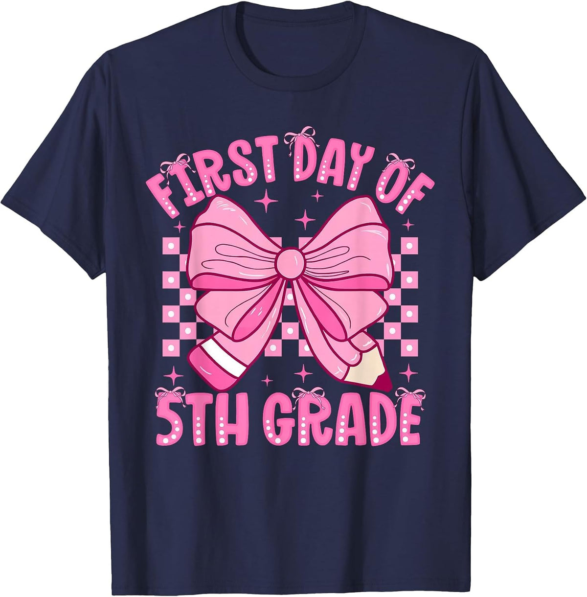 First Day of 5th Grade Coquette Bow Back to School Girls T-Shirt - Navy Blue