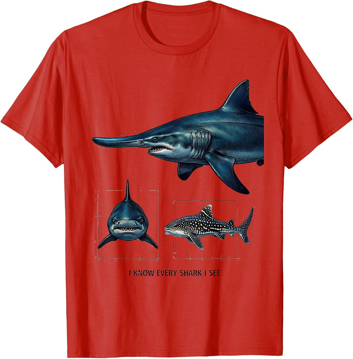 Men's I Know Every Shark I See Funny Shark Lover Marine Biology T-Shirt - Red