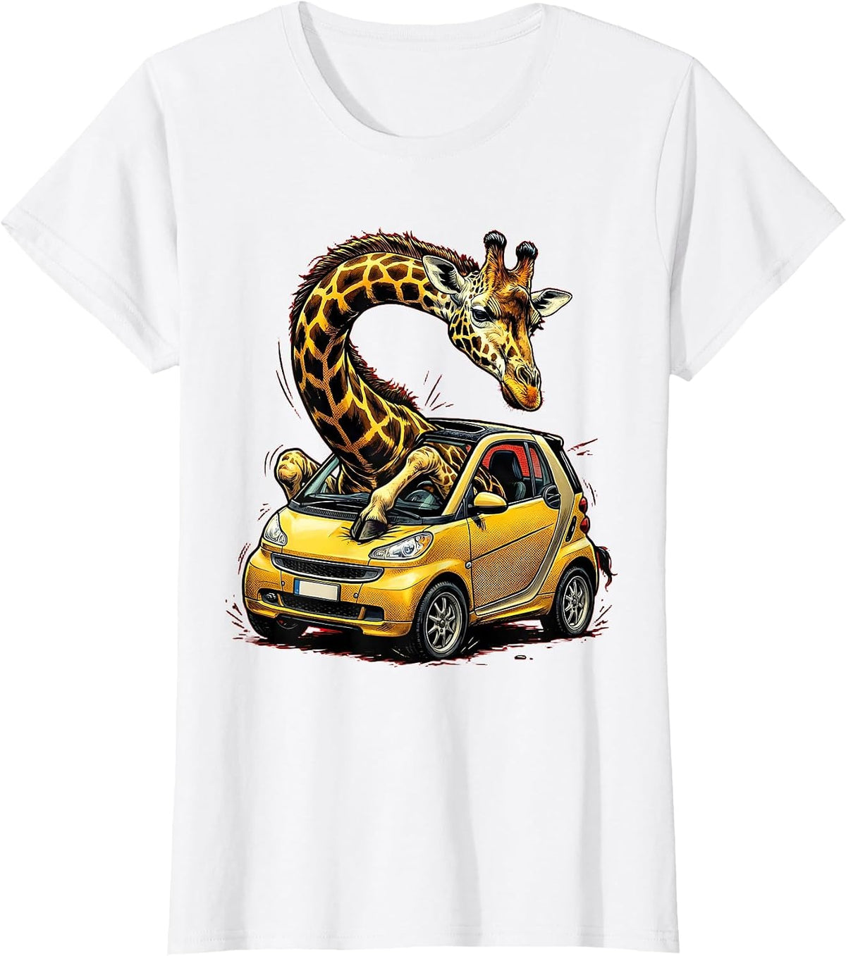 Funny Giraffe Squeezing Into Tiny Car Illustration T-Shirt - White