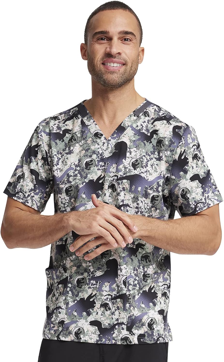 Tooniforms Printed Men & Women Scrubs Top V-Neck 2 Pockets - Botanical Dino