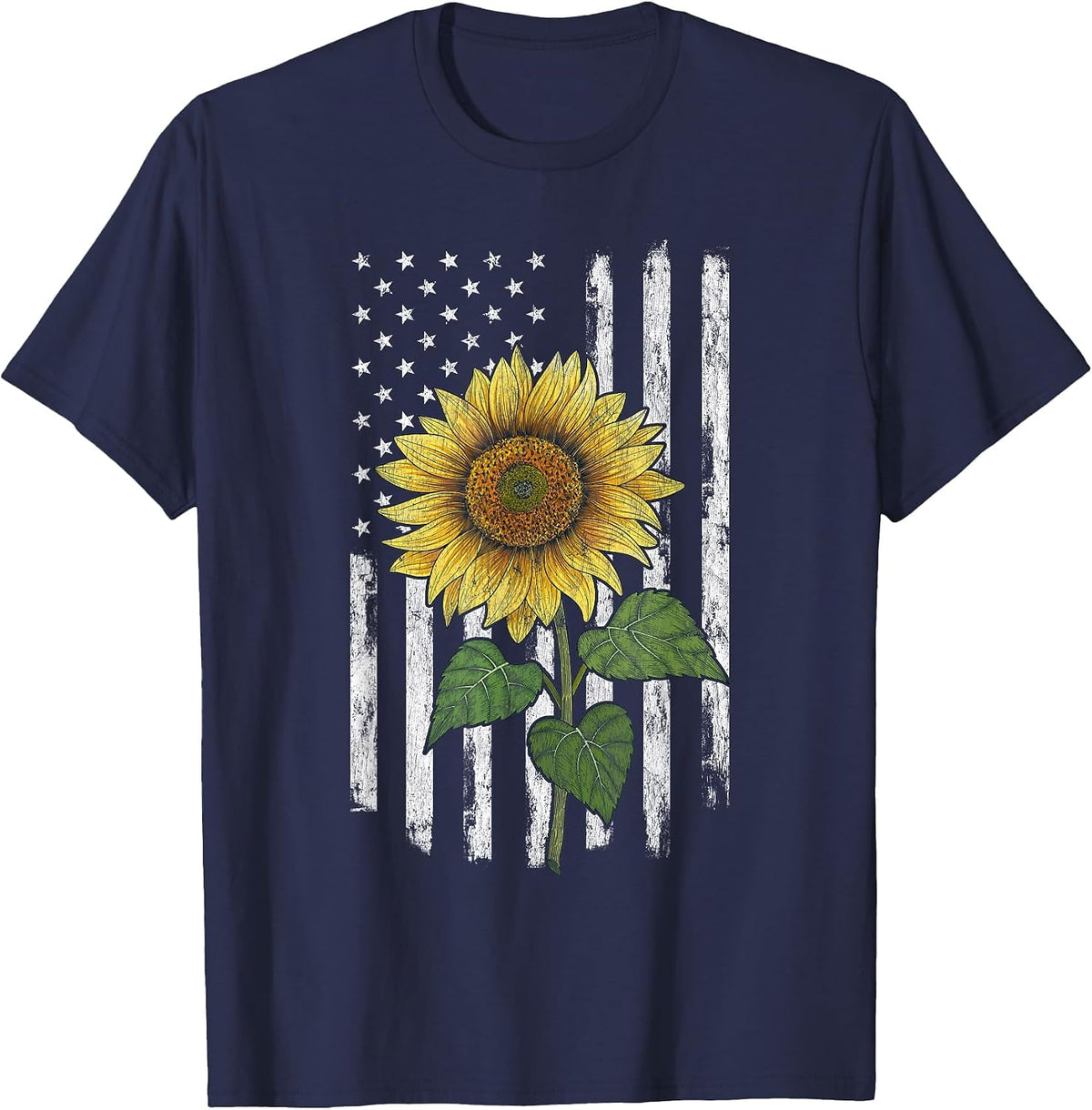 Distressed USA Flag American Flag Yellow Sunflower Summer T-Shirt - Navy Blue