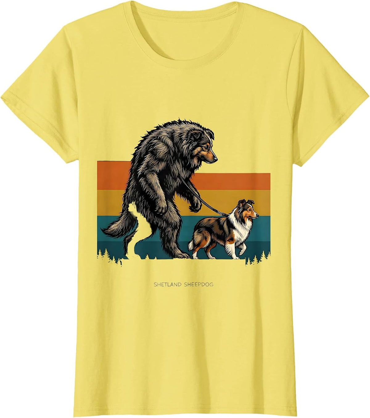 Shetland Sheepdog Bigfoot Retro Cryptid Dog Lover Novelty T-Shirt - Lemon Yellow