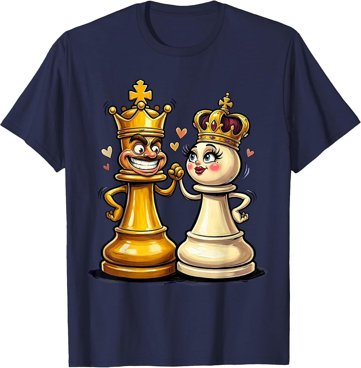 King and Queen Chess Piece Couples Design T-Shirt - Navy Blue