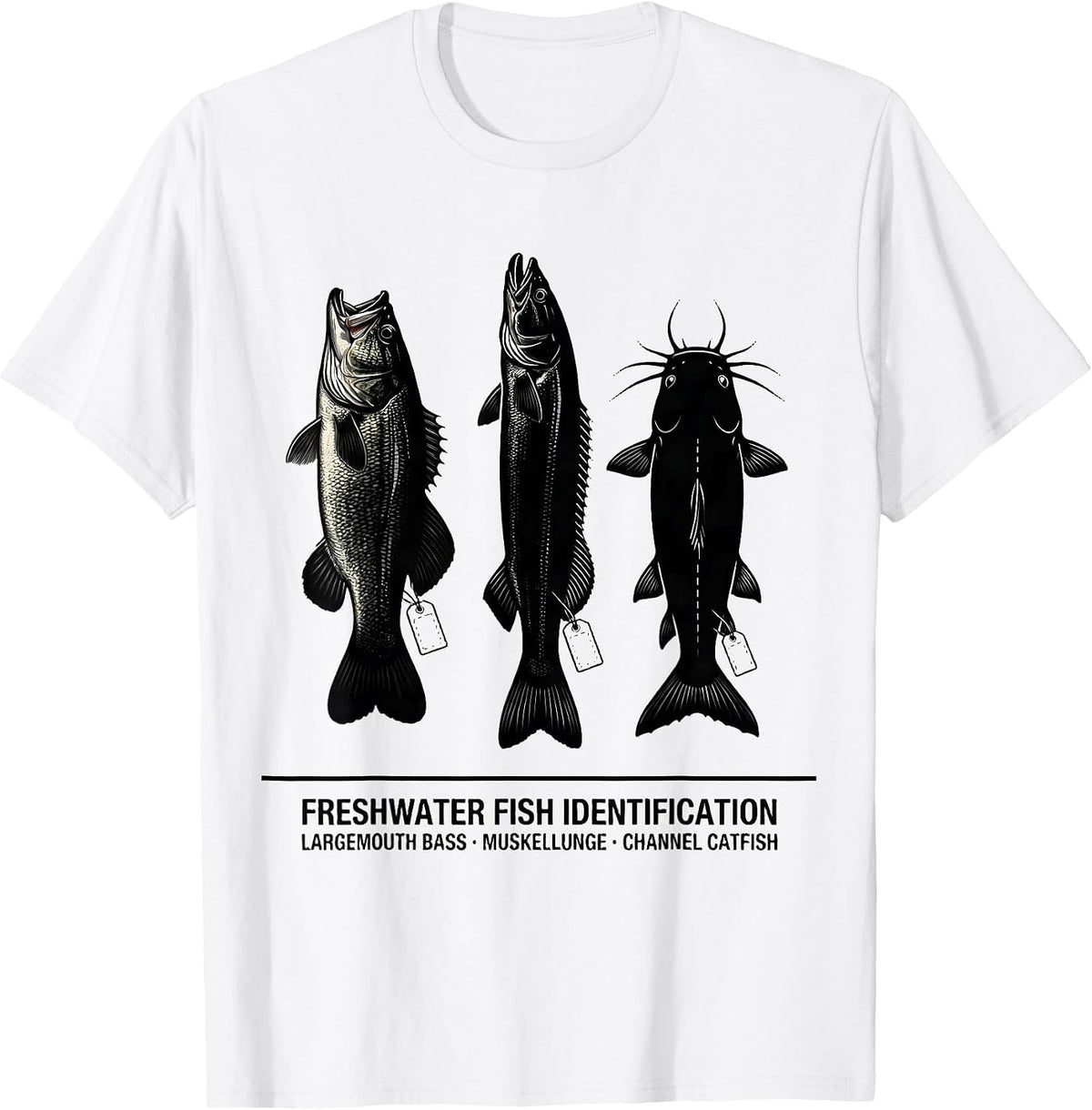 Men's Freshwater Fish ID Chart Largemouth Bass Muskellunge Catfish T-Shirt - White