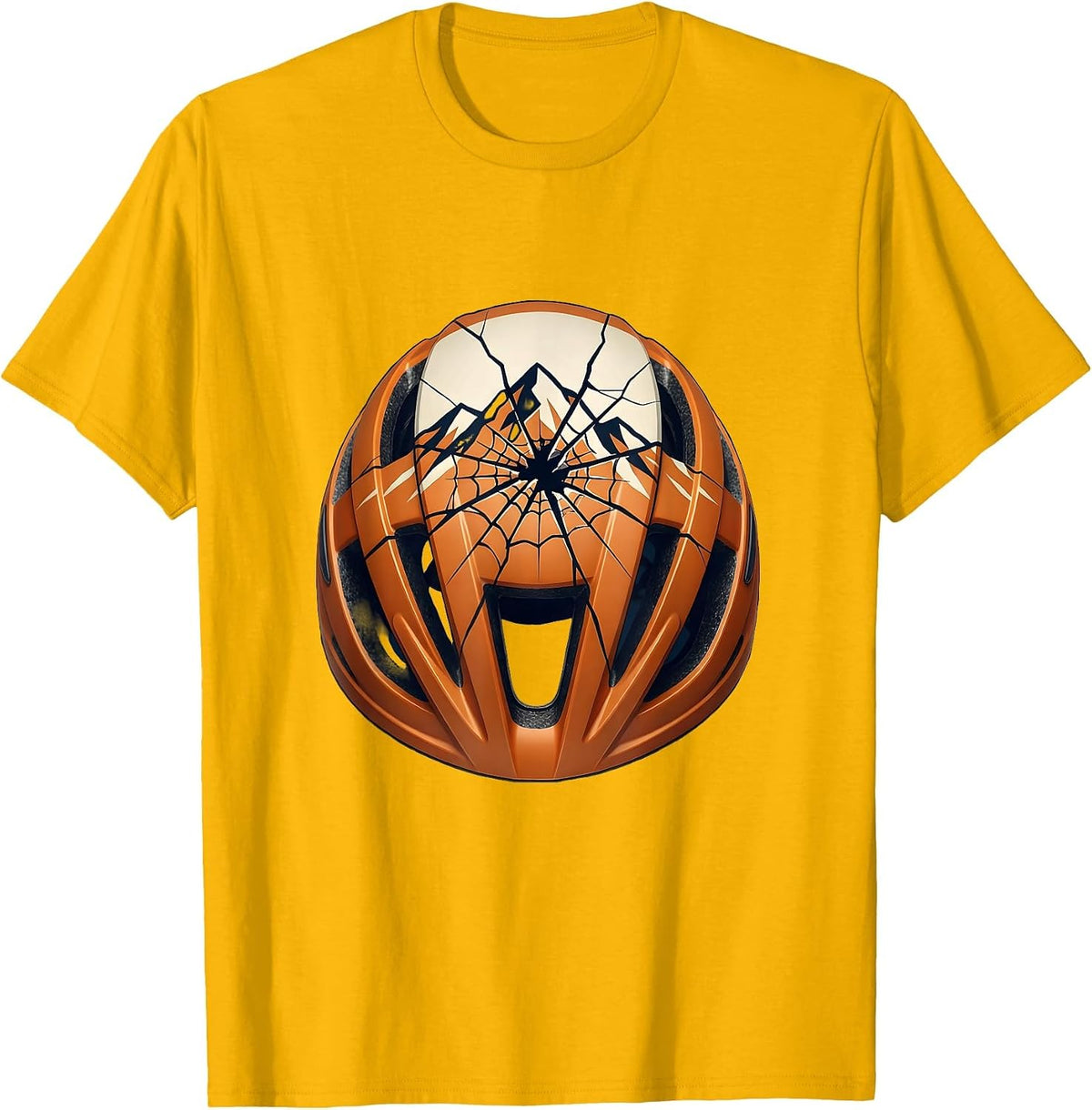 MTB Broken Helmet Spider Web Crack Design T-Shirt - Golden Yellow