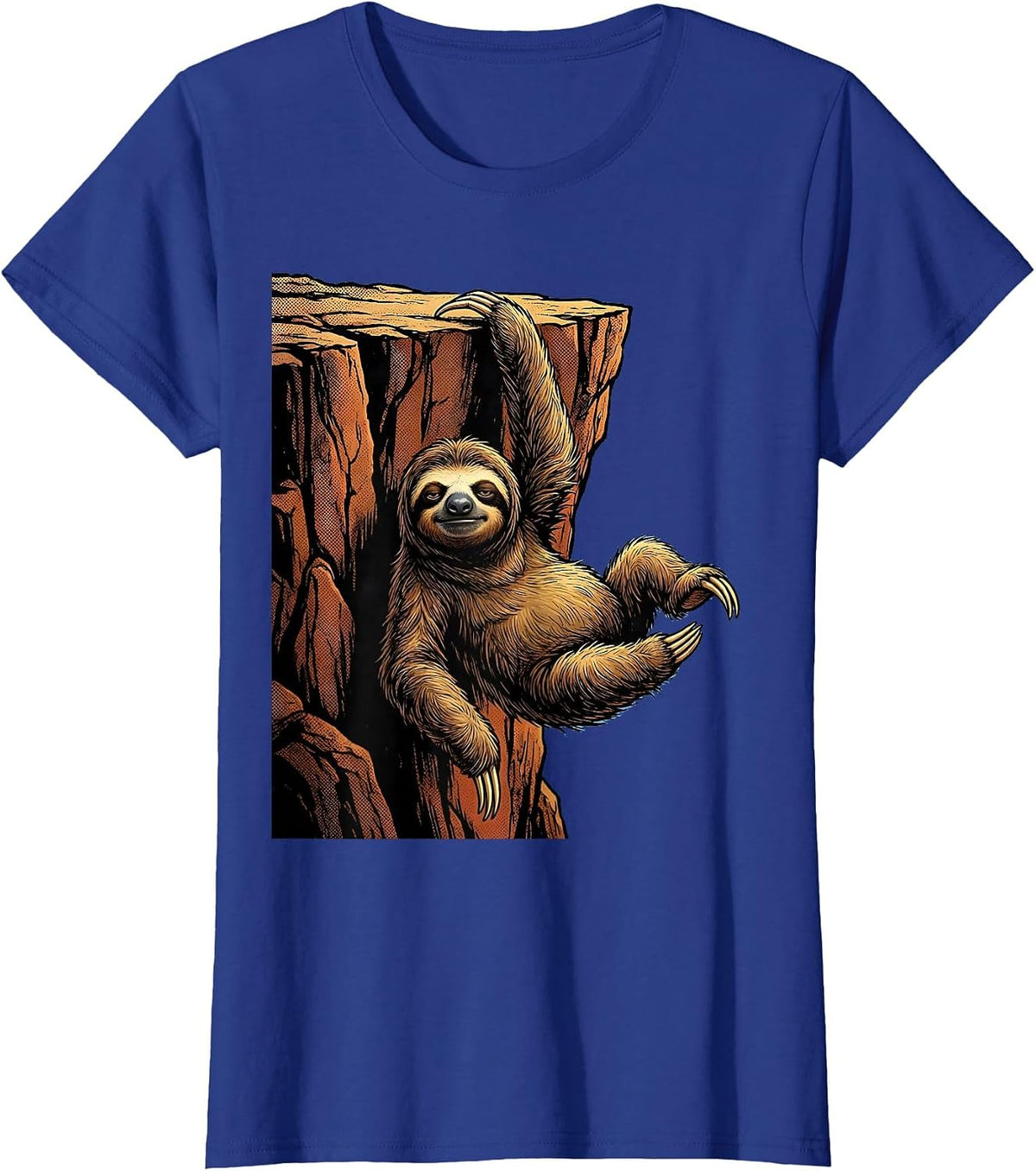 Women's Funny Sloth Hanging From Cliff One Finger T-Shirt - Royal Blue
