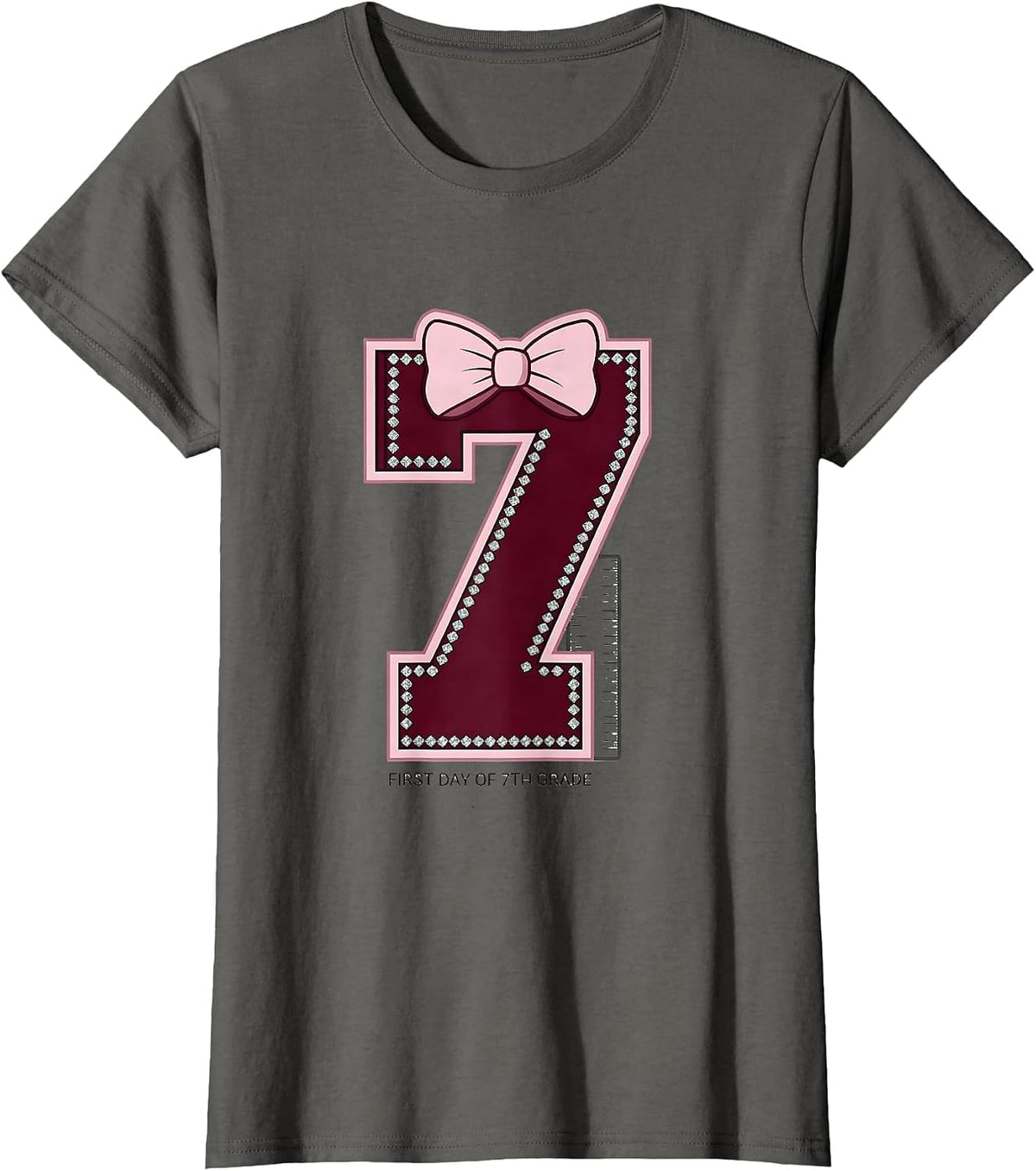 Women's First Day Of 7th Grade Sparkle Varsity Coquette Bow Back T-Shirt - Asphalt Grey