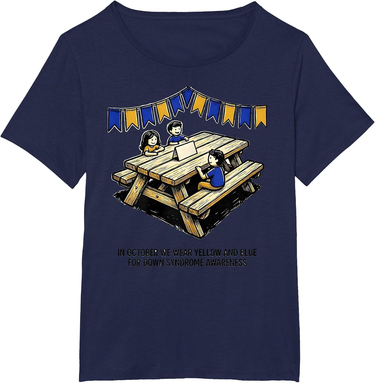 Women's In October We Wear Yellow Blue Down Syndrome Awareness T-Shirt - Navy Blue