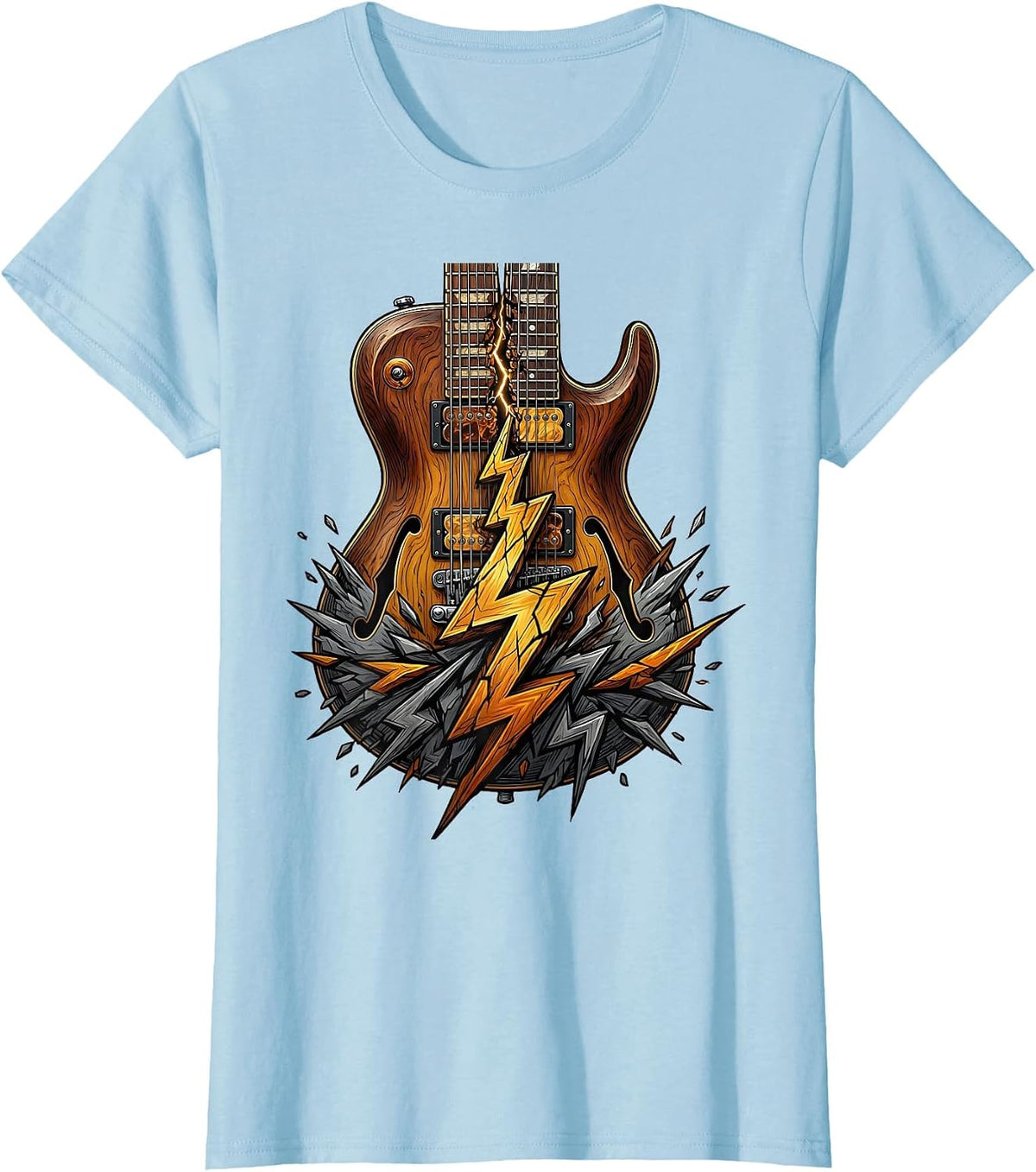 Double-Neck Guitar Lightning Bolt Rock Graphic T-Shirt - Baby Blue