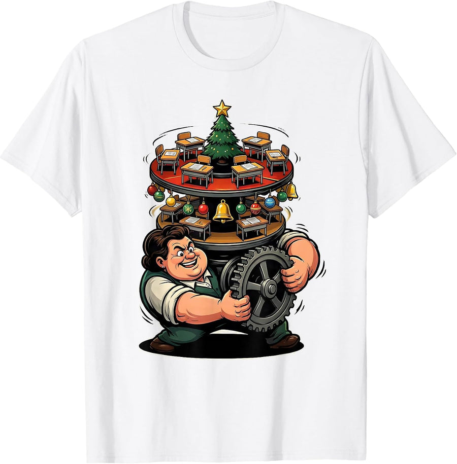 Men's Cartoon Teacher Christmas Music Box Classroom Humor T-Shirt - White