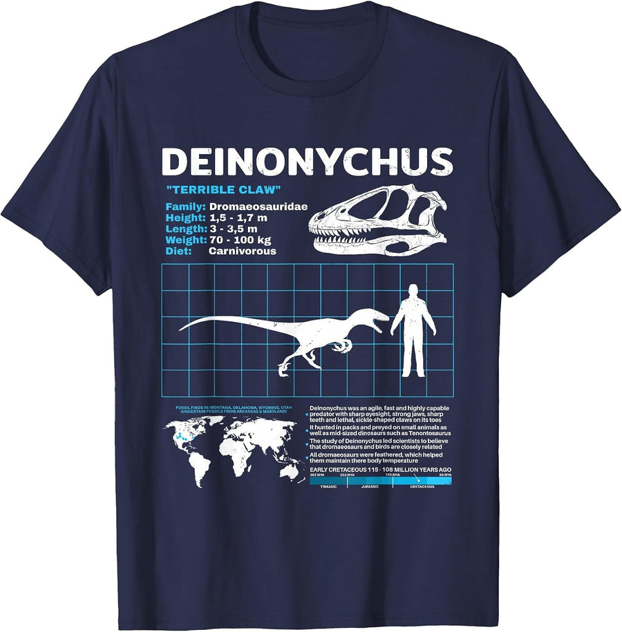 Deinonychus Fact Sheet Skull Fossil T-Shirt - Navy Blue