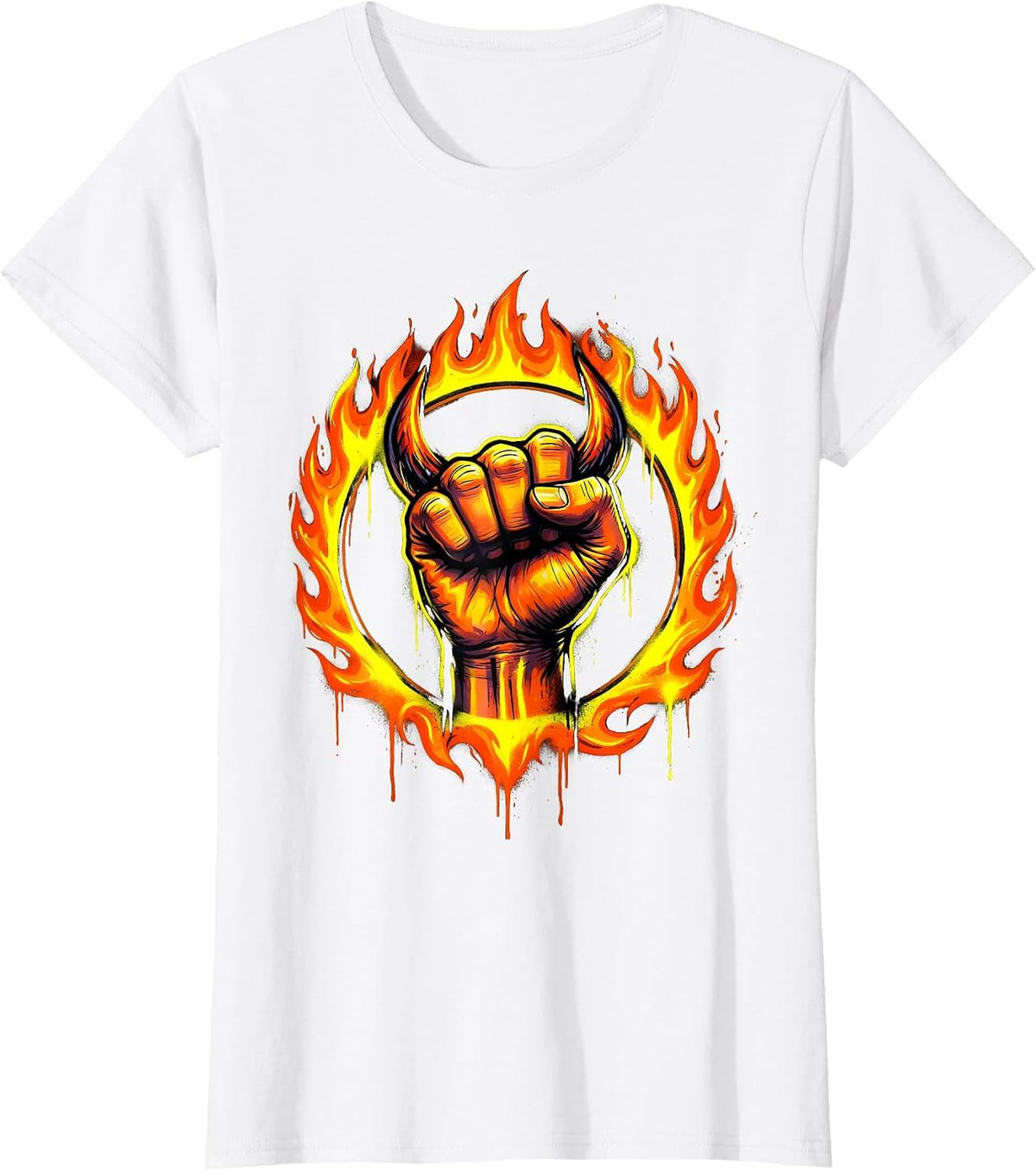 Devil Horns Ring of Fire Rock and Roll Graphic T-Shirt - White