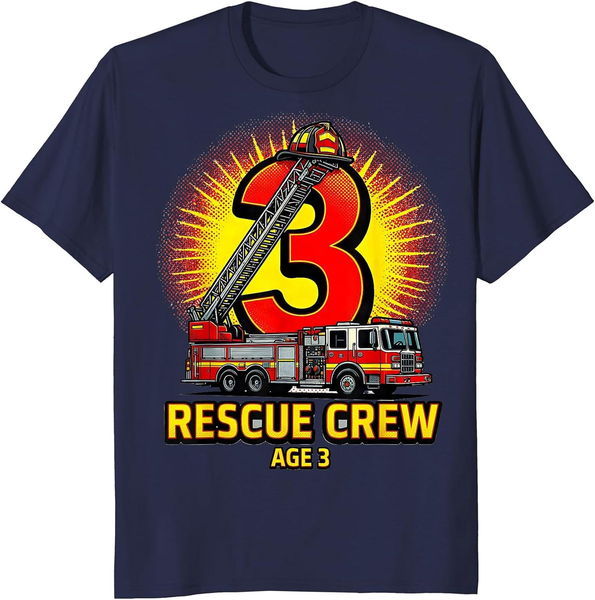 Rescue Crew Age 3 Pop Art Fire Truck Toddler Firefighter T-Shirt - Navy Blue