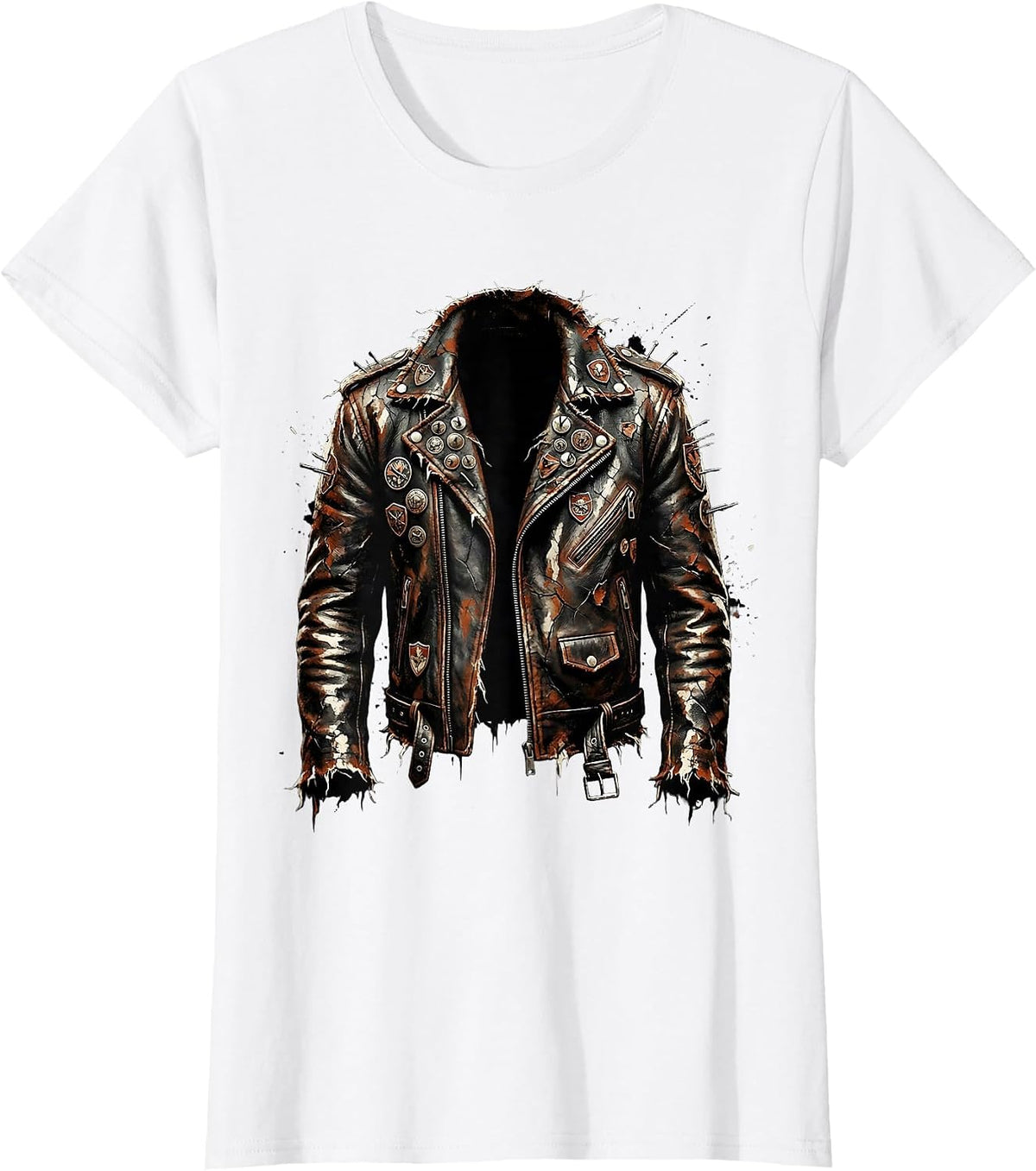 Grunge Torn Leather Jacket Pins and Badges Art T-Shirt - White