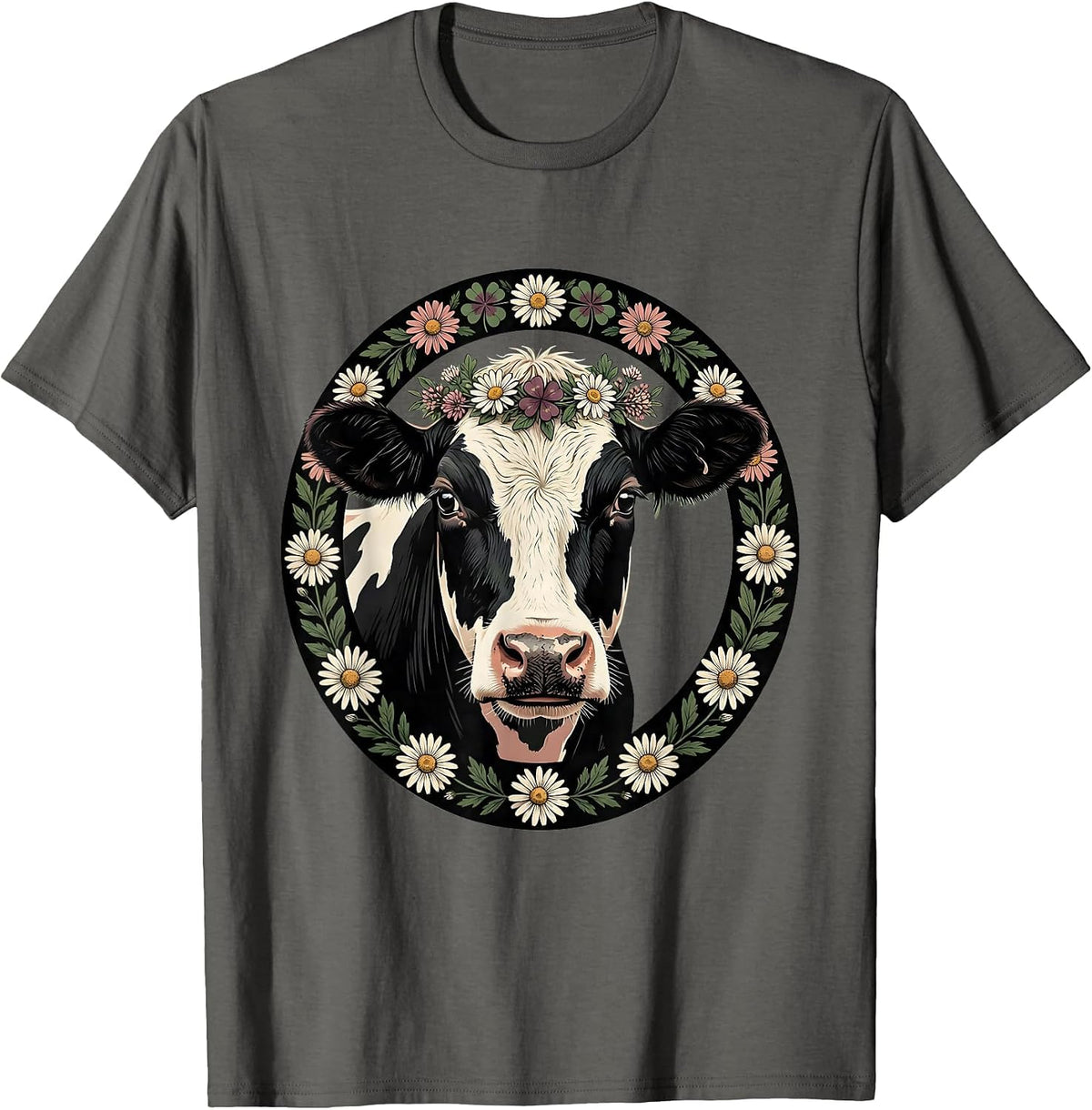 Cute Cow Face Flower Crown Graphic T-Shirt - Asphalt Grey