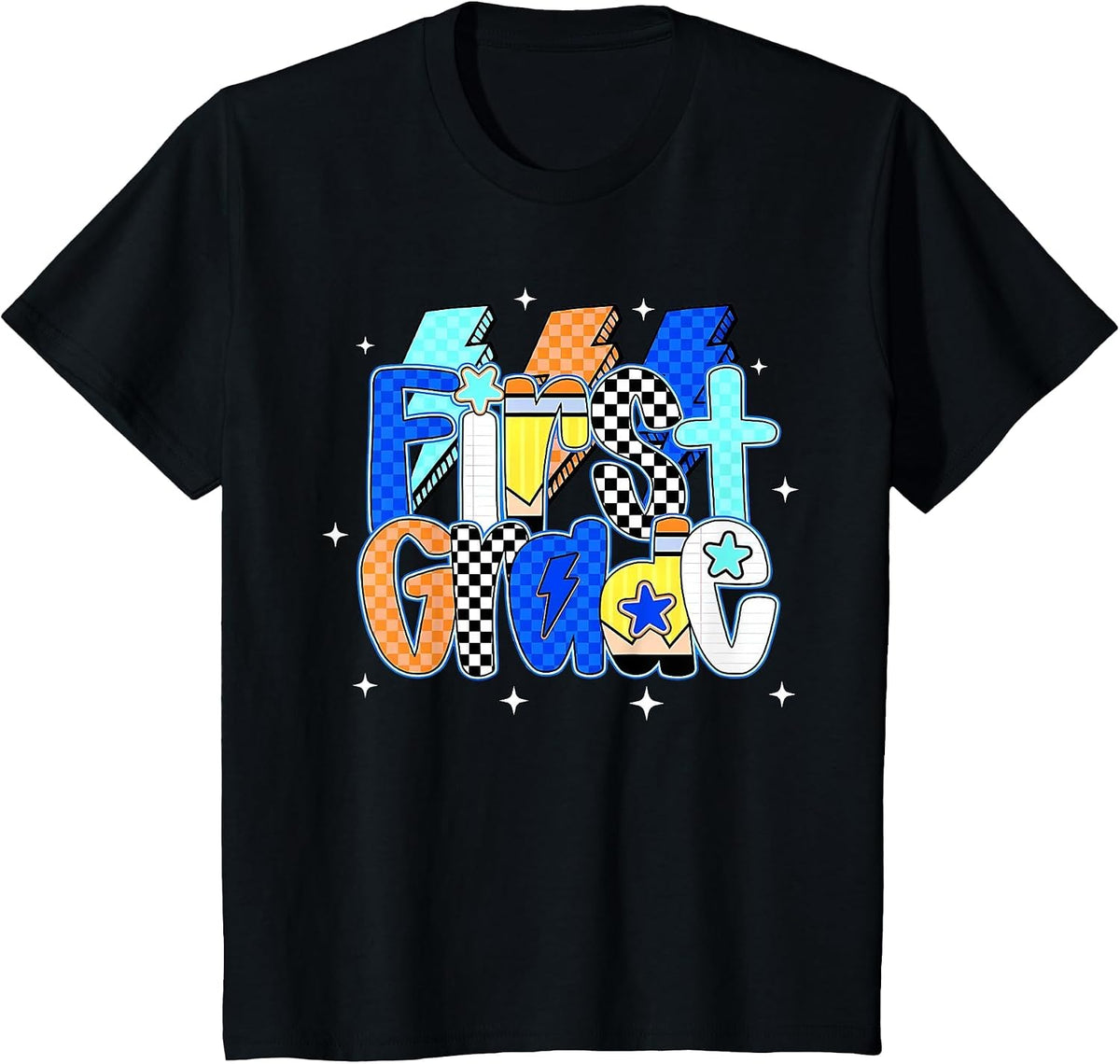 Checkered Lightning Bolt First Grade Back to School Girls T-Shirt - Black