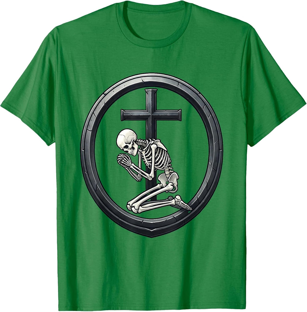 Men's Skeleton Kneeling Before Iron Cross Gothic Art T-Shirt - Kelly Green