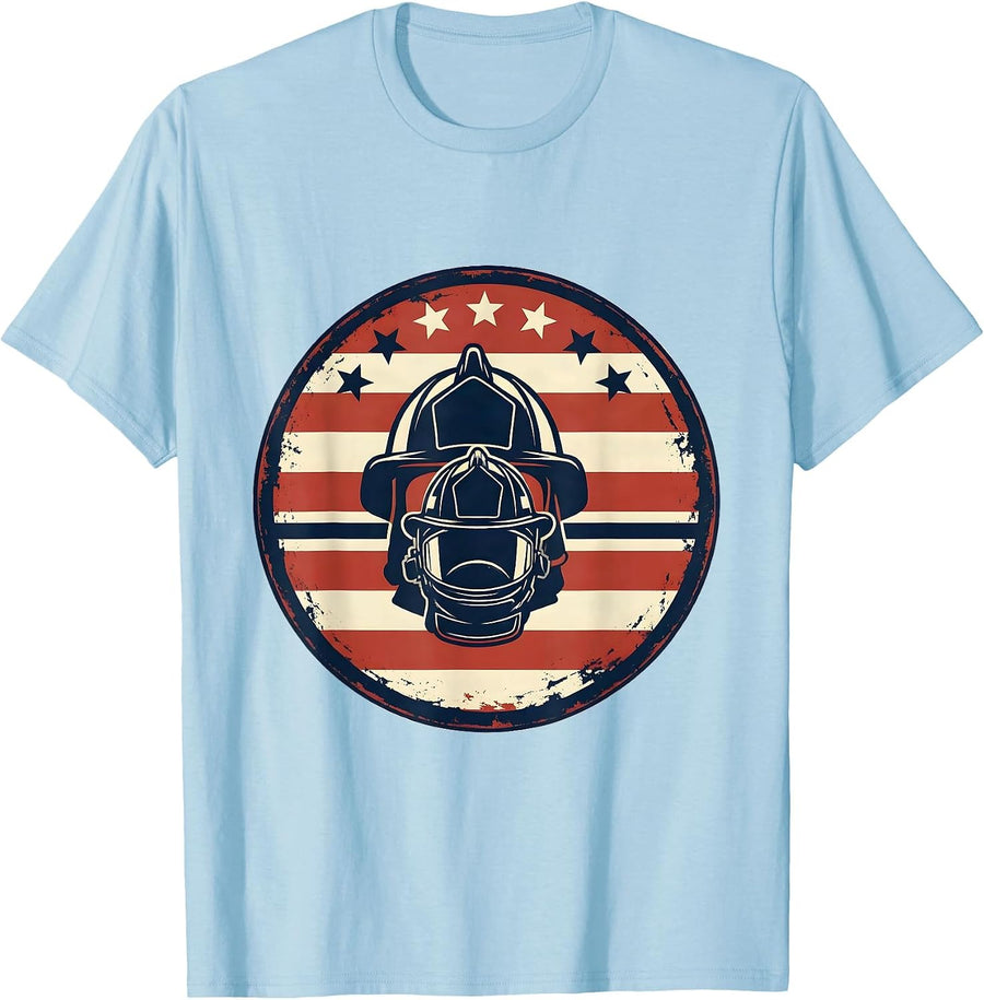 Men's Fire Helmet Pair Patriotic Dad Veteran Firefighter Gift T-Shirt - Baby Blue