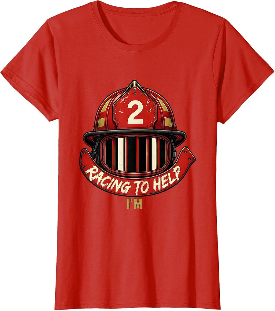 Women's Racing To Help I'm 2 Firefighter Helmet Toddler Birthday Boy T-Shirt - Red