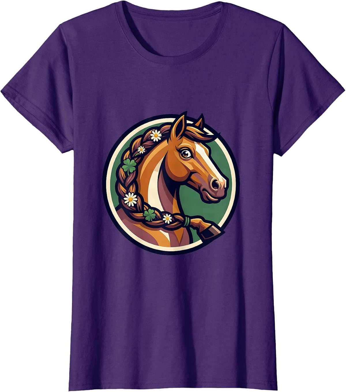 Women's Braided Horse Tail Wildflowers Floral Illustration T-Shirt - Purple