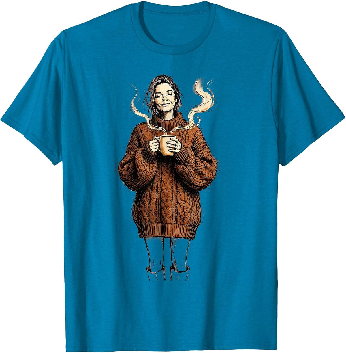 Cozy Fall Knit Sweater Steaming Mug Illustration T-Shirt - Sapphire Blue