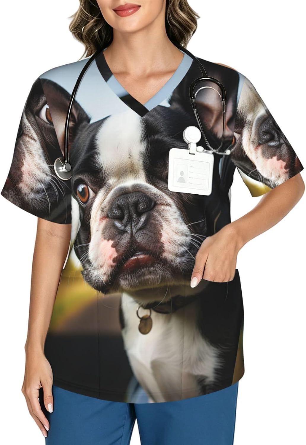 Puppy Dog Boston Terrier Scrubs Top for Women, Soft Stretch, V-Neck - Black