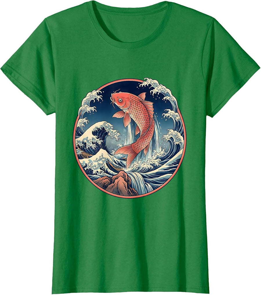 Women's Salmon Swimming Upstream Waterfall Graphic T-Shirt - Kelly Green