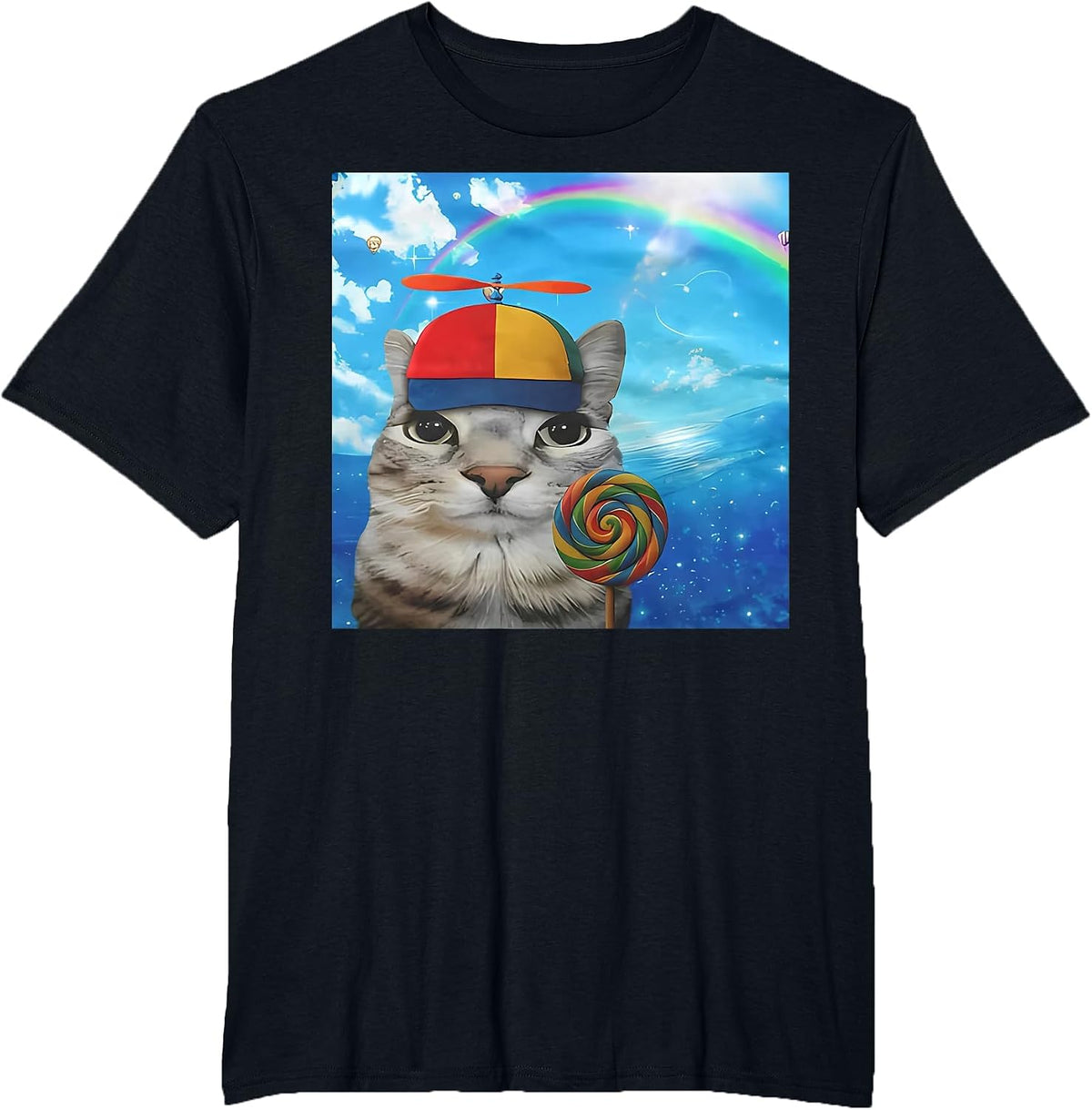 Happy Cat Dreamcore Funny Silly Kitten Brainrot Meme T-Shirt - Black
