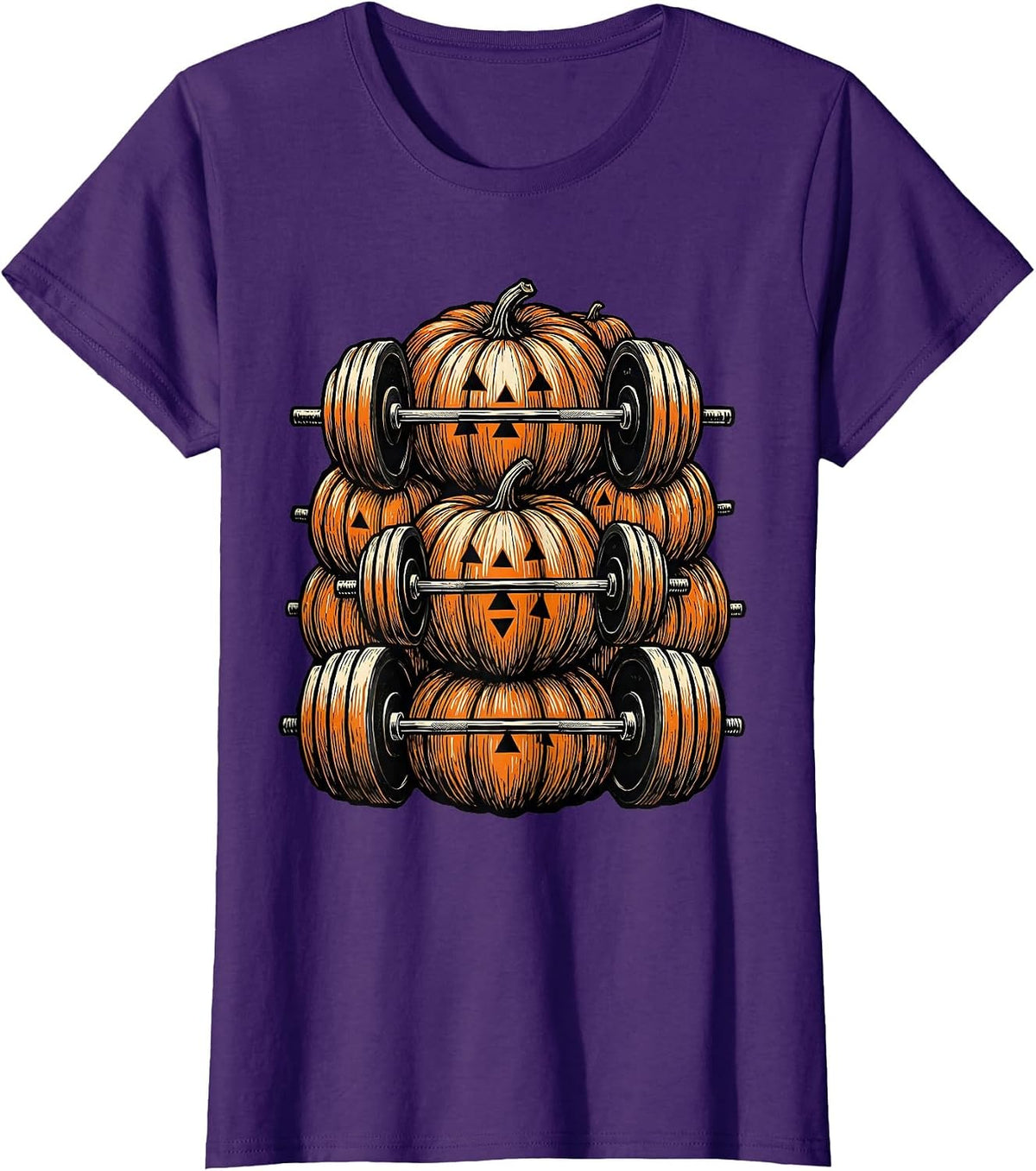 Women's Pumpkin Weightlifting Linocut Halloween Gym Workout T-Shirt - Purple