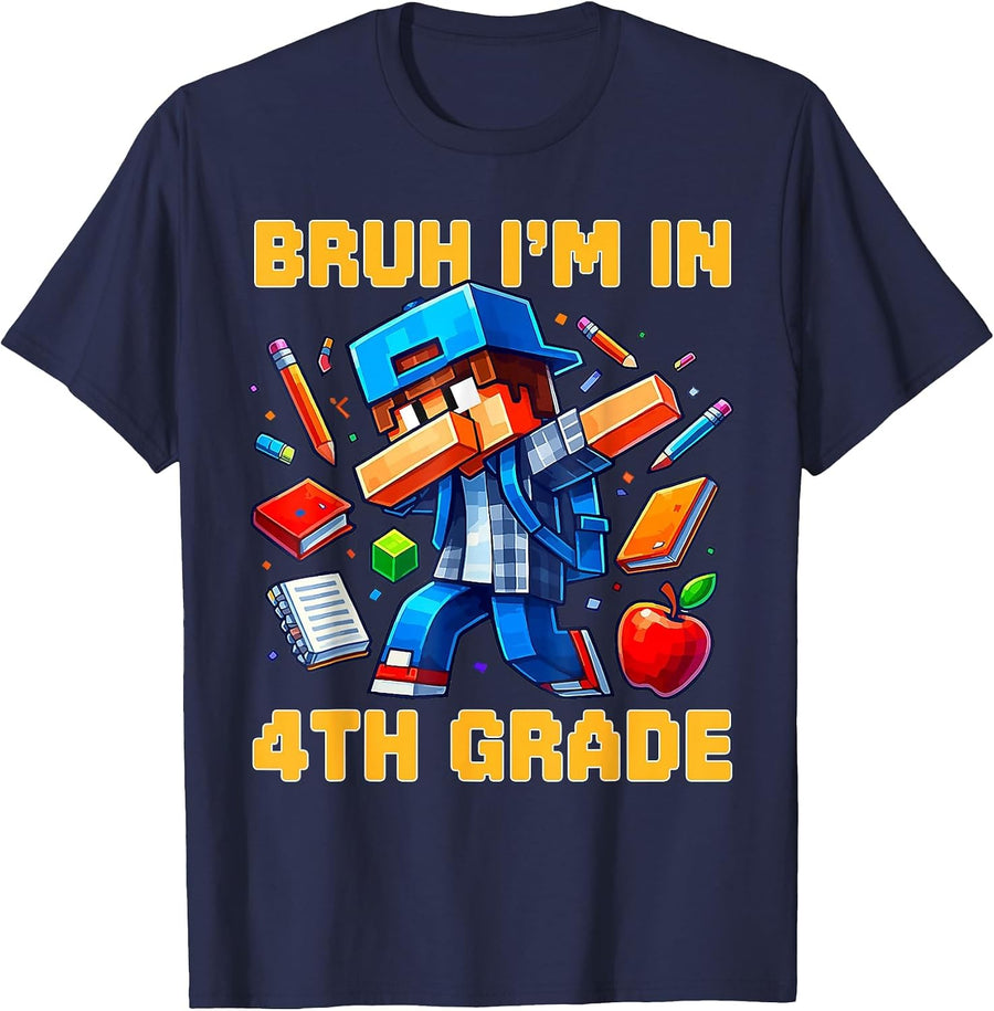 Bruh I'm in 4th Grade Dabbing Boys Kids Gamer Back to School T-Shirt - Navy Blue