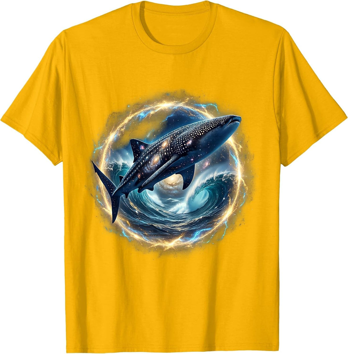 Whale Shark Silhouette Circular Ocean Wave Graphic T-Shirt - Golden Yellow