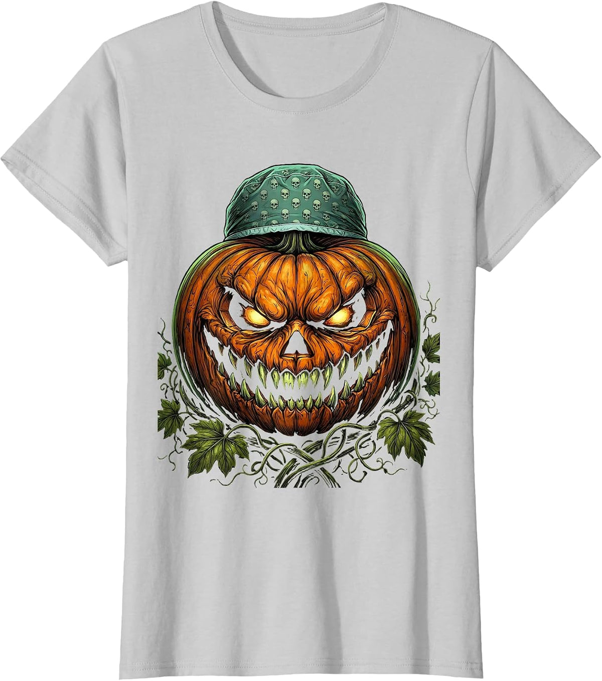 Halloween Pumpkin Head Surgical Scrub Cap Design T-Shirt - Silver Grey