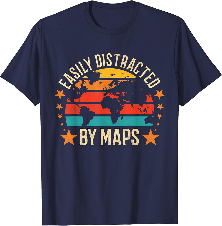 Easily Distracted By Maps, Geography T-Shirt - Navy Blue