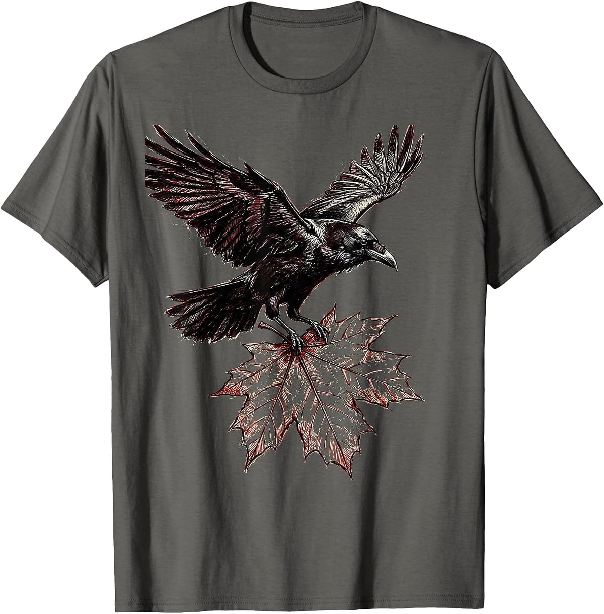 Raven With Blood-Red Maple Leaf Fall Design T-Shirt - Asphalt Grey
