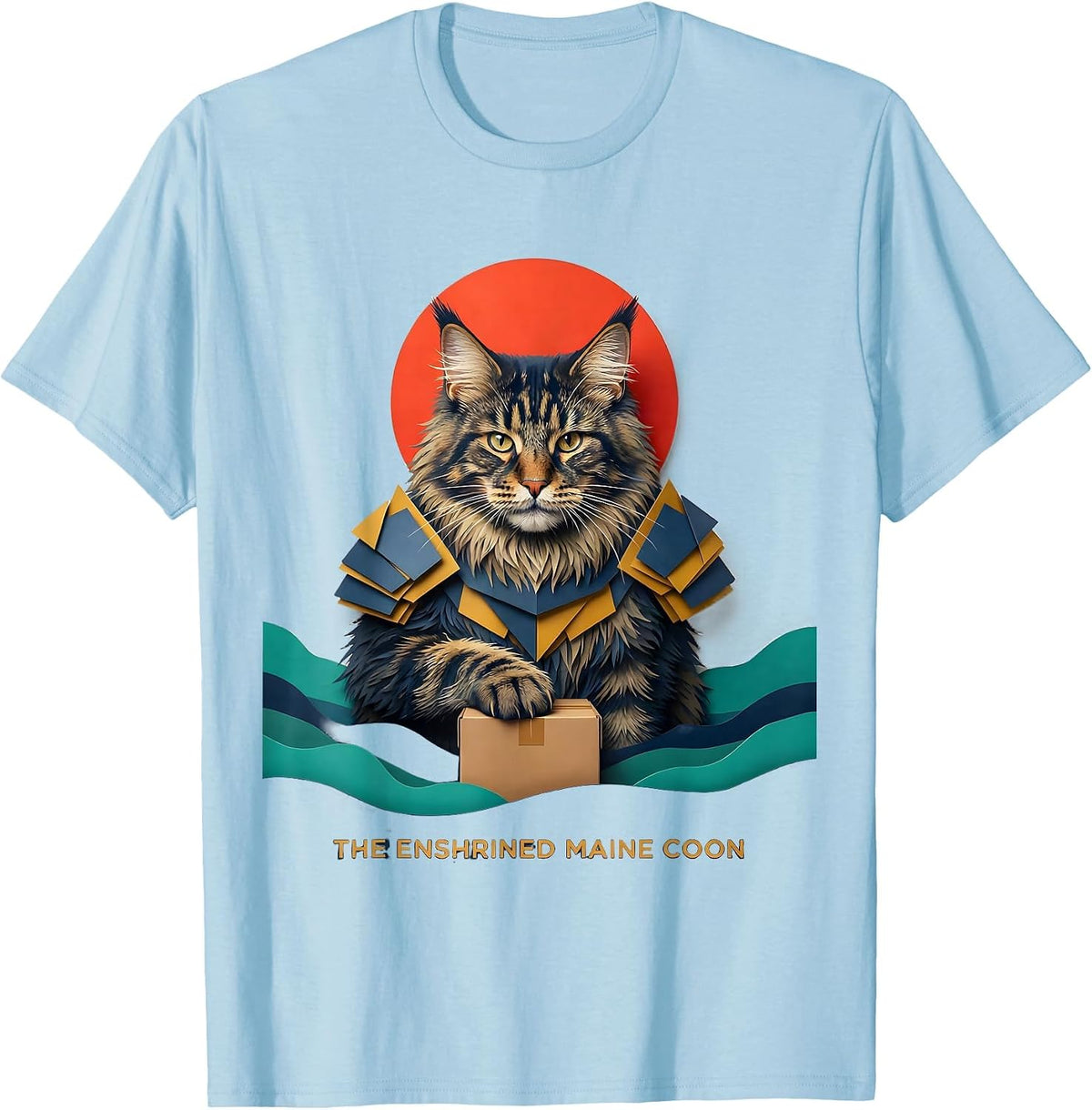 Men's The Enshrined Maine Coon Funny Anime Cat Ukiyo-e Art T-Shirt - Baby Blue
