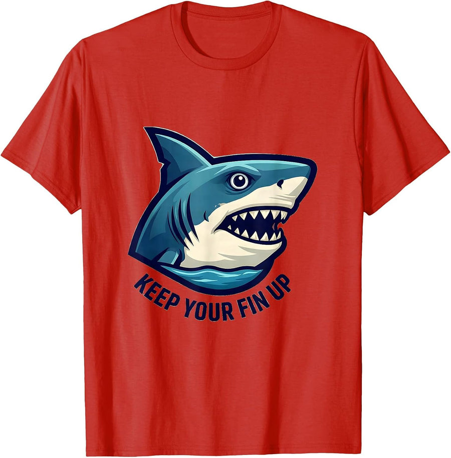 Men's Keep Your Fin Up Funny Shark Lover Ocean Wildlife Mascot T-Shirt - Red